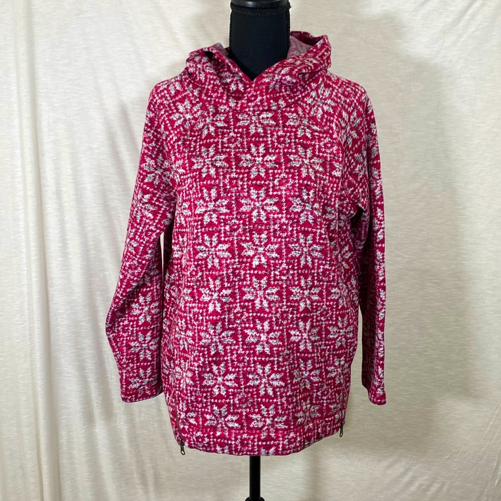 T by Talbots Magenta Snowflake Fleece Lined‎ Hoodie Sweater Size Large Petite